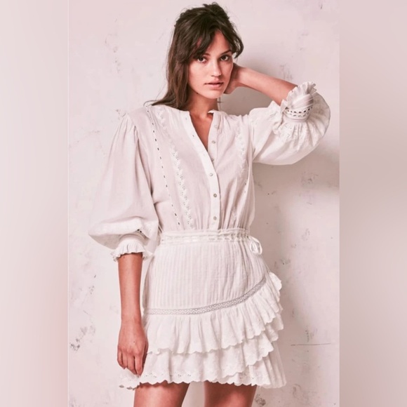 LoveShackFancy LORELAI Tiered Ruffle Mini Dress Broderie Anglaise Cotton Sz XS